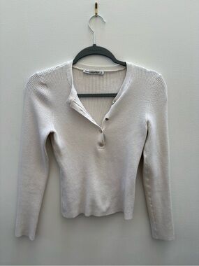 Abercrombie & Fitch Cream Ribbed Button-Front Long Sleeve Top